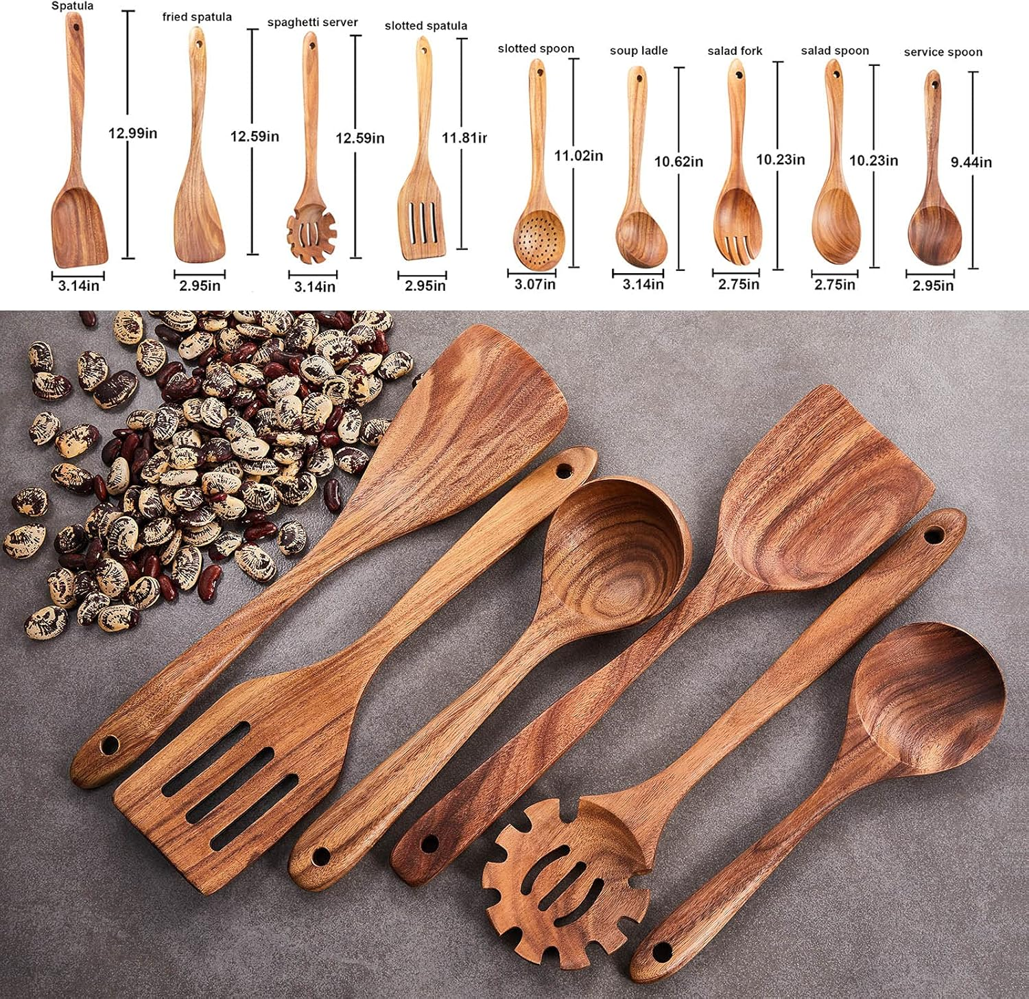 Wooden Kitchen Utensils Set,Gudamaye 9 PCE Natural Teak Wooden Spoons for Non-Stick Pan for Cooking, image number 4