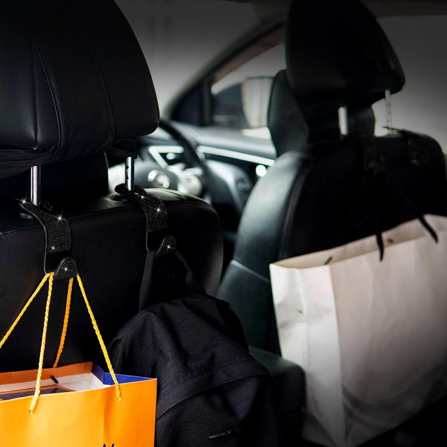 Crystal Bling Rhinestone Car Back Seat Headrest Hook,Universal Car Hooks， Purse Bag Holder, Car Interior Accessories for Women and Men,Handbag Hook for Car 4-Pack (Black) image number 3