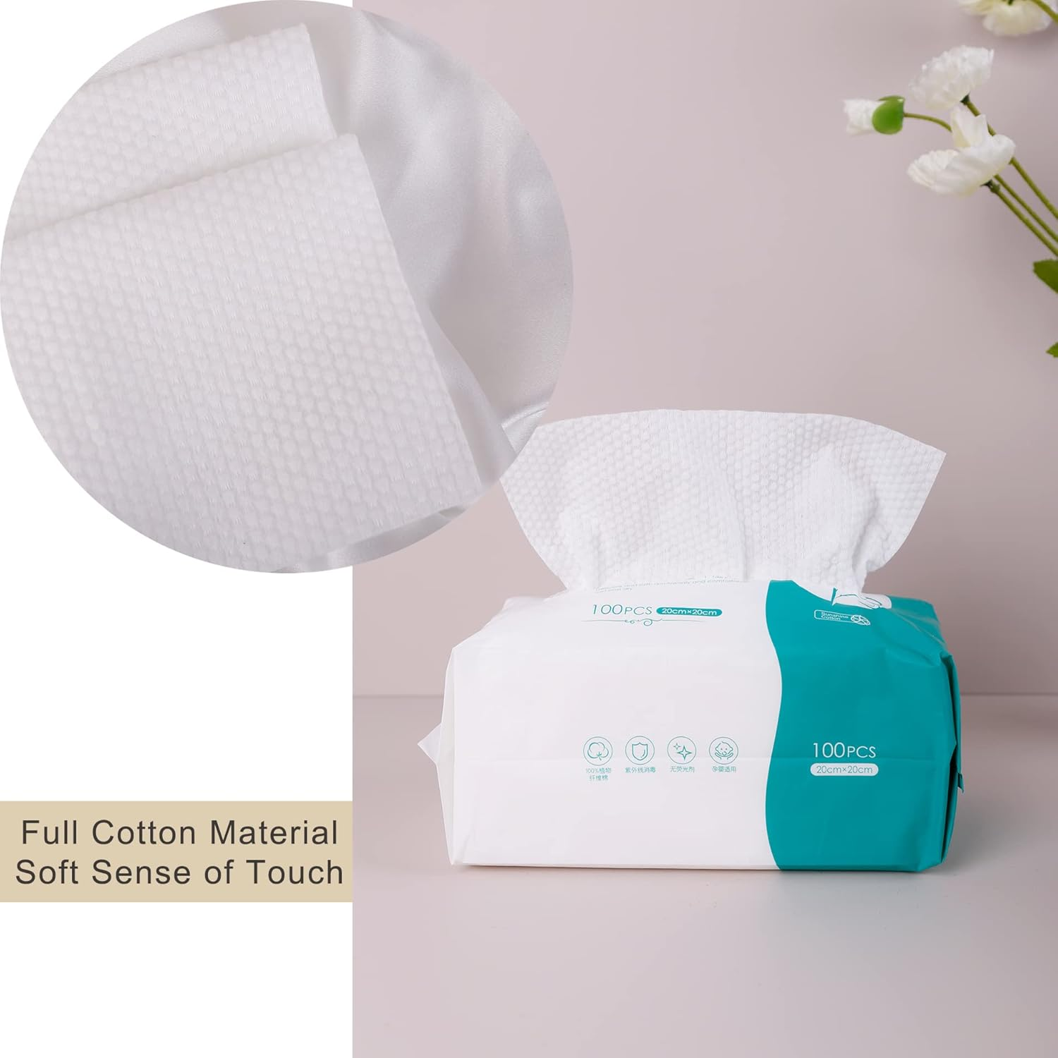 Reyoung 20 * 20CM Soft Dry Wipe, 100% Cotton Facial Wipes, Disposable Face Towel Lint Free, Dry Wet Use for Sensitive Skin,Makeup Removing, Surface Cleaning (100 Counts Pack of 2) image number 2