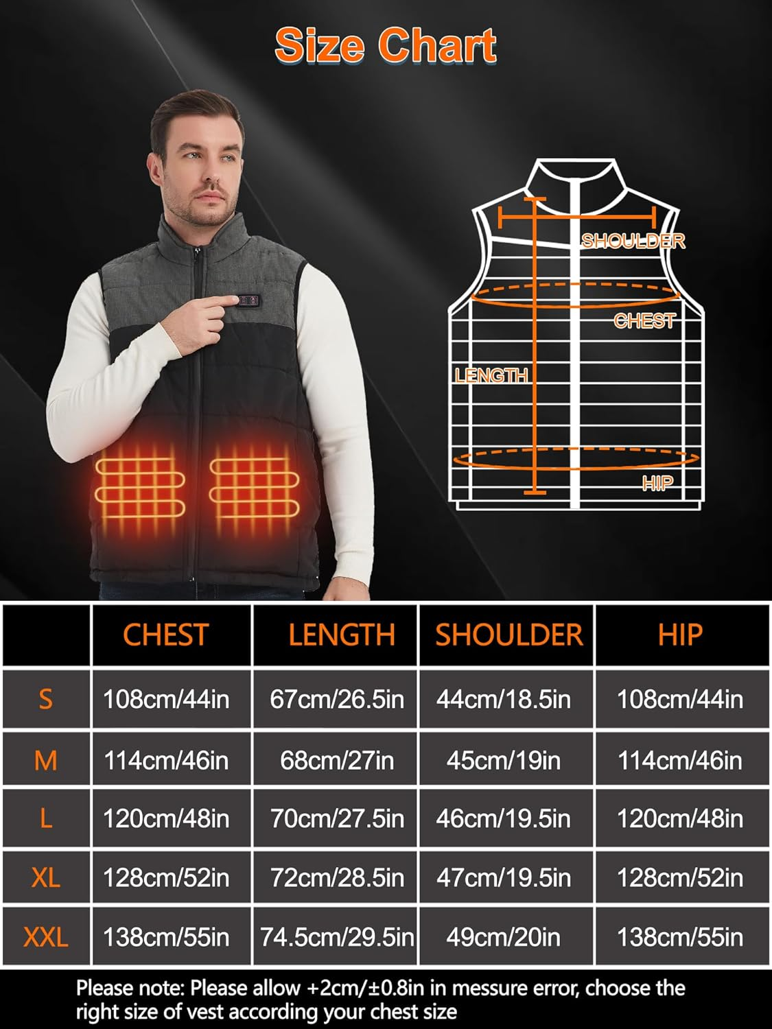 Heated Vest for Mens Double Switch with 11 Heating Zones, Lightweight Heated Jacket with USB Charging Keep Warm Function for Outdoor(No Battery) image number 4