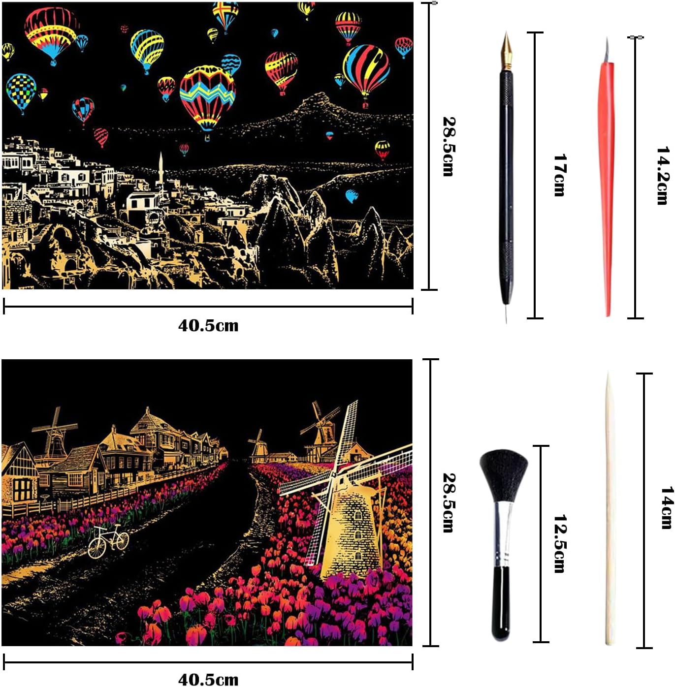 Georgie Porgy Scratch Picture Set DIY Craft Sets for Children Adults Magic Scratch Paper A3 City Scratch Paper for Christmas Birthday Gift with Scratch Tools Kit (A3 Windmill + Hot Air Balloon)