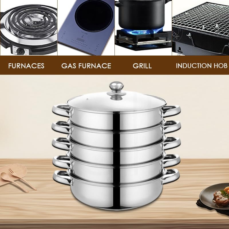 Leona Co 4/5 Tier Steamer Pot for Cooking, 28Cm Steam Pots with Lid Multipurpose Stainless Steel Steaming Pot Cookware with Handle for Vegetable, Dumpling, Stock, Sauce, Food (5 Tier) image number 4