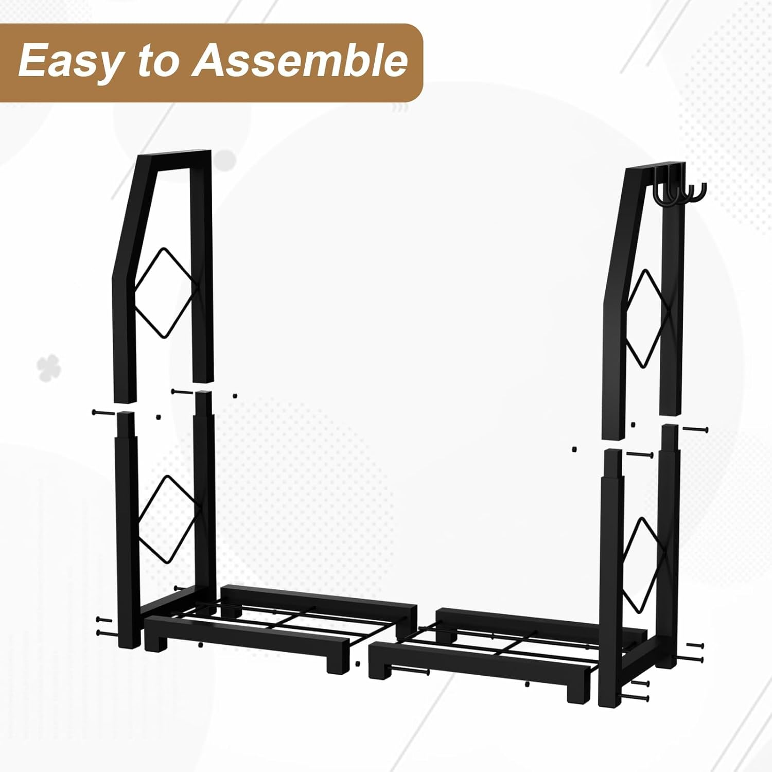 Firewood Rack for Outdoor, Firewood Holder with 3 Hanging Hooks, Heavy Duty Wood Rack for Indoor Outdoor Patio, Black image number 1