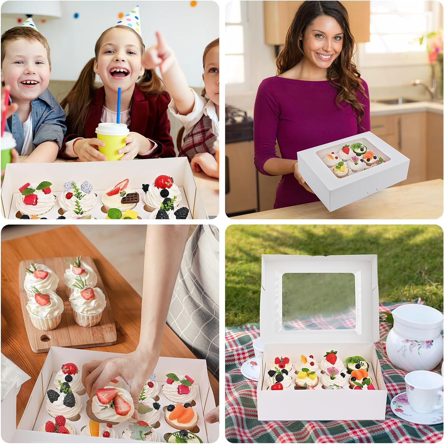 12PCS Cupcake Boxes, White Cupcake Containers 12 Count with Window, Cupcake Holder, Food Grade Treat Boxes for Holiday, Wedding, Birthday Party, Bakery Supplies image number 3