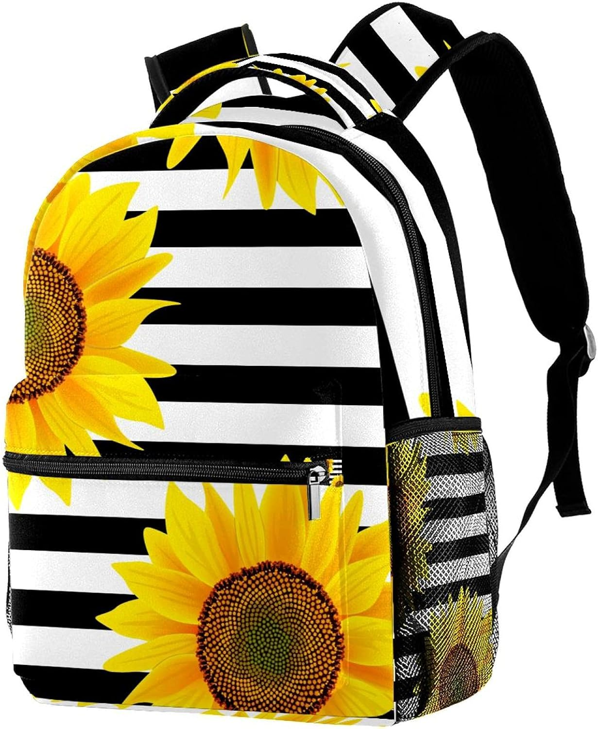 Black and White Striped Sunflower Creative Yellow Backpack Students Shoulder Bags Travel Bag College School Tote Backpacks image number 2
