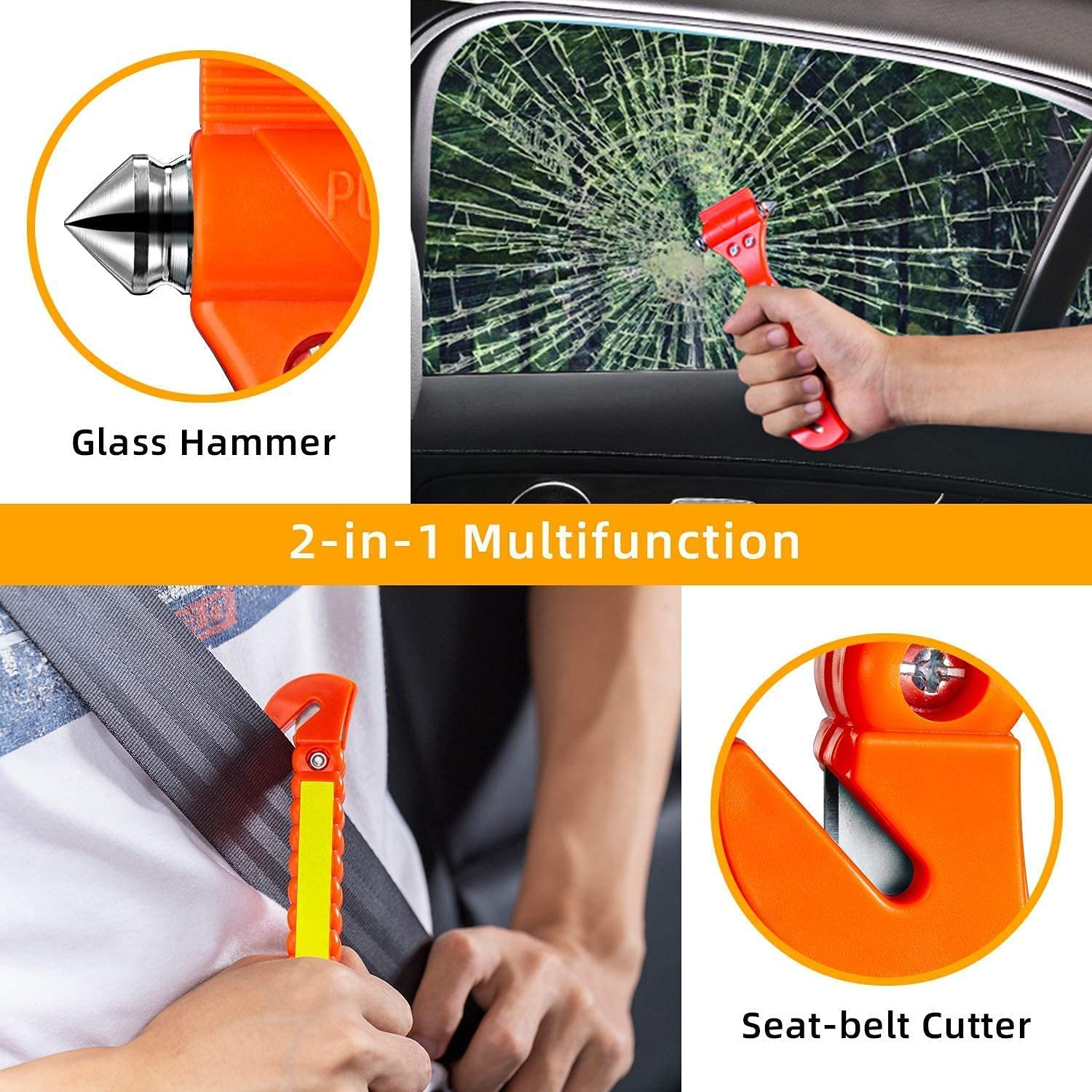KAPASKI Safety Hammer, 2 Pack Car Emergency Escape Tool Car Window Breaker and Seat Belt Cutter with Light Reflective Tape for Family Car Life Saving Survival Kit image number 4