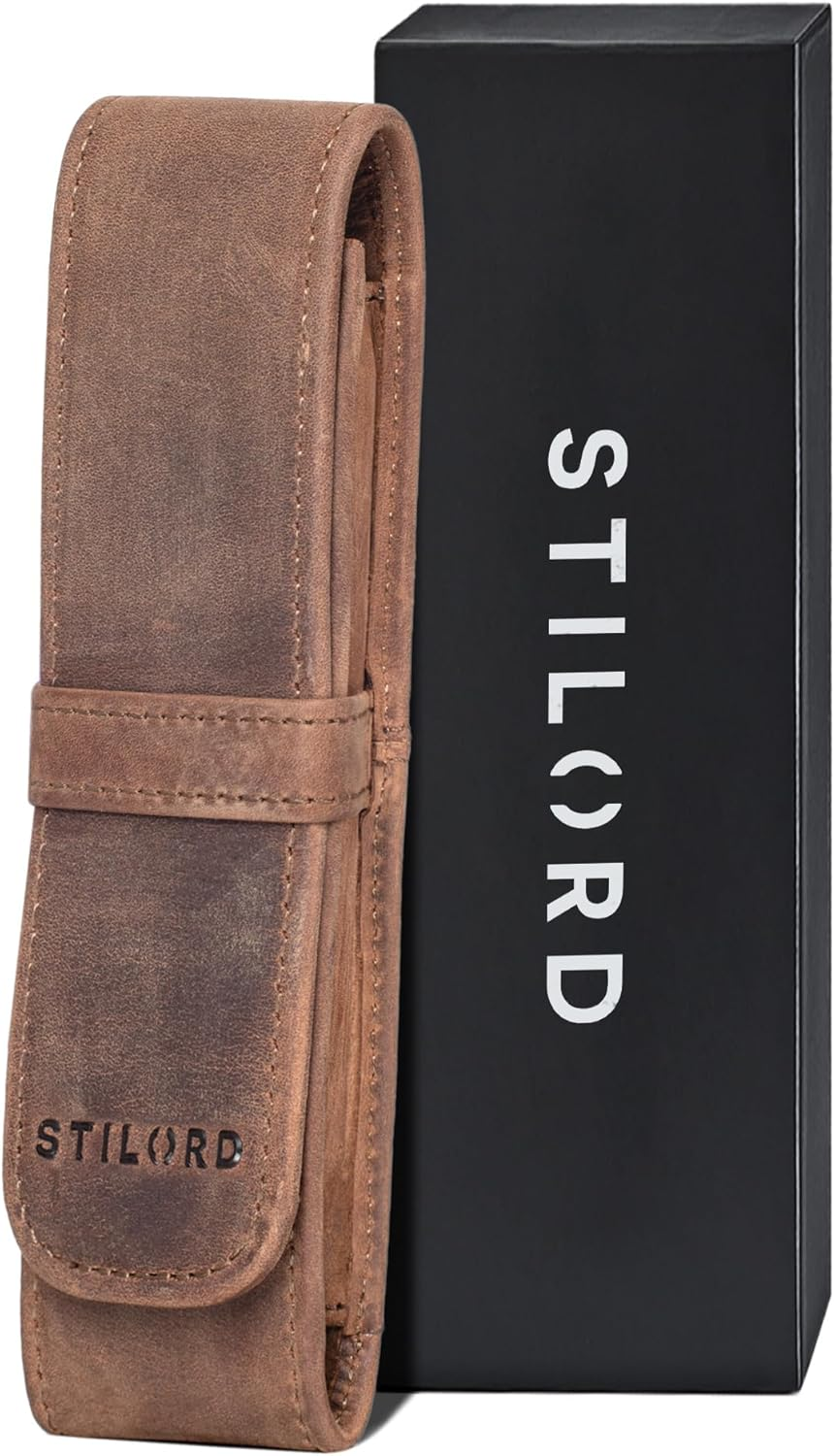 STILORD 'Penn' Leather Pen Case 2 Pens Leather Case Fountain Pen Case Pen Holder for 2 Writing Instruments Pen Case Pen Case Pencil Case Vintage image number 5