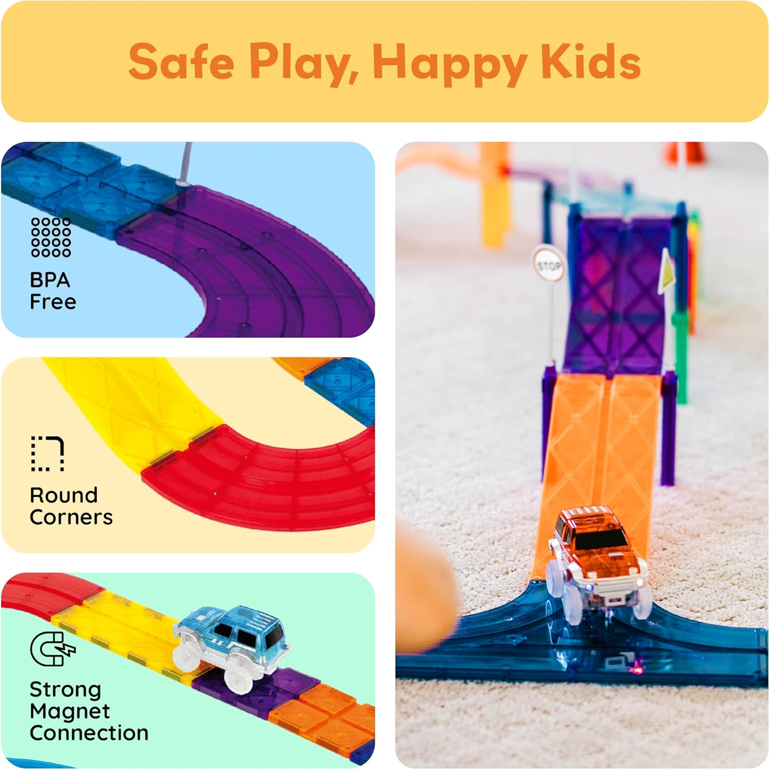 Picassotiles Magnetic Race Track Toys Car Tracks Set for Toddlers Magnet Building Blocks Tiles Sensory Toys for Kids Include 2 Trucks STEM Engage in Thrilling Races Age 3+ Year Old Boys Girls image number 2