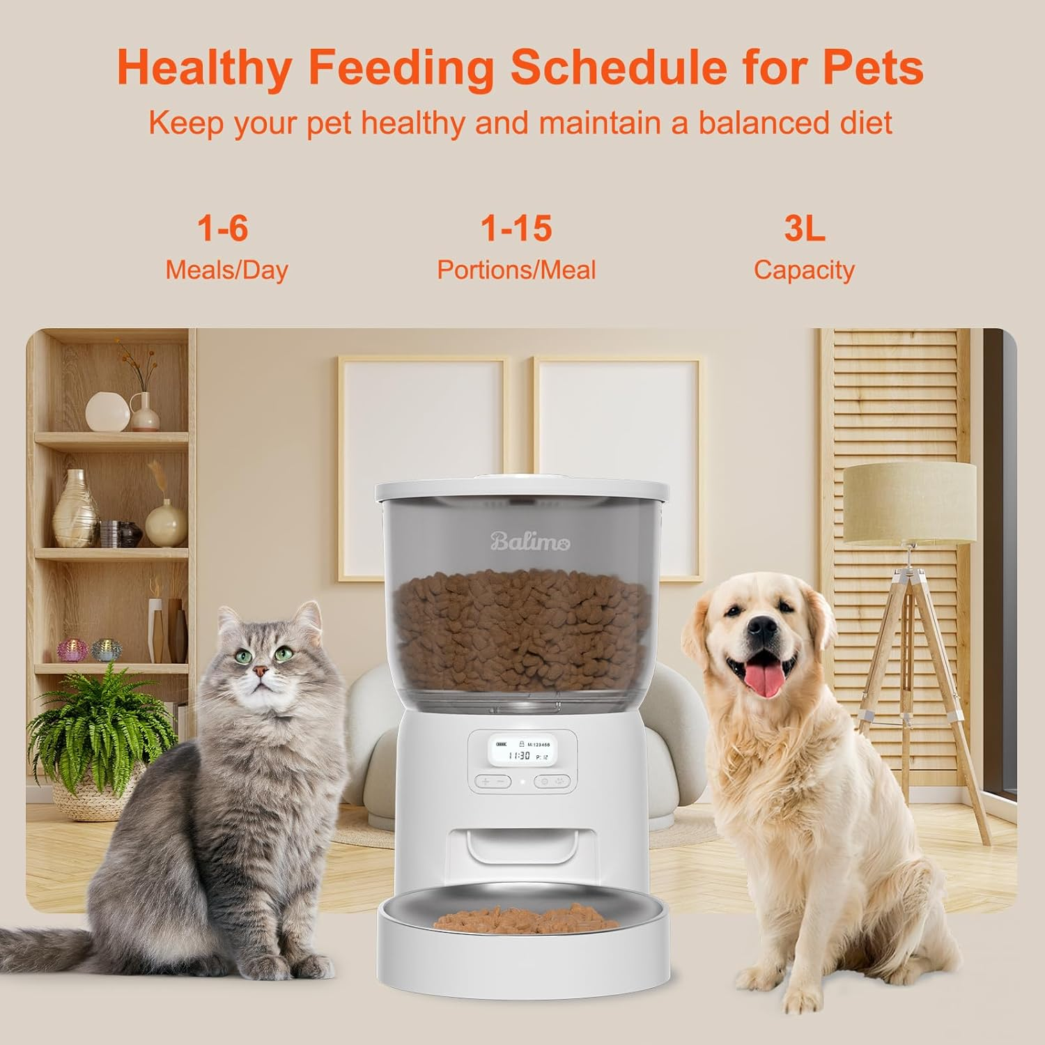 Balimo Automatic Cat Feeder, 3L Cat Food, Programmable Timer, Cat Feeder, Automatic Feeder for Cats and Dogs, 1-6 Meals a Day, with Stainless Steel Bowl Basin, White - White image number 1