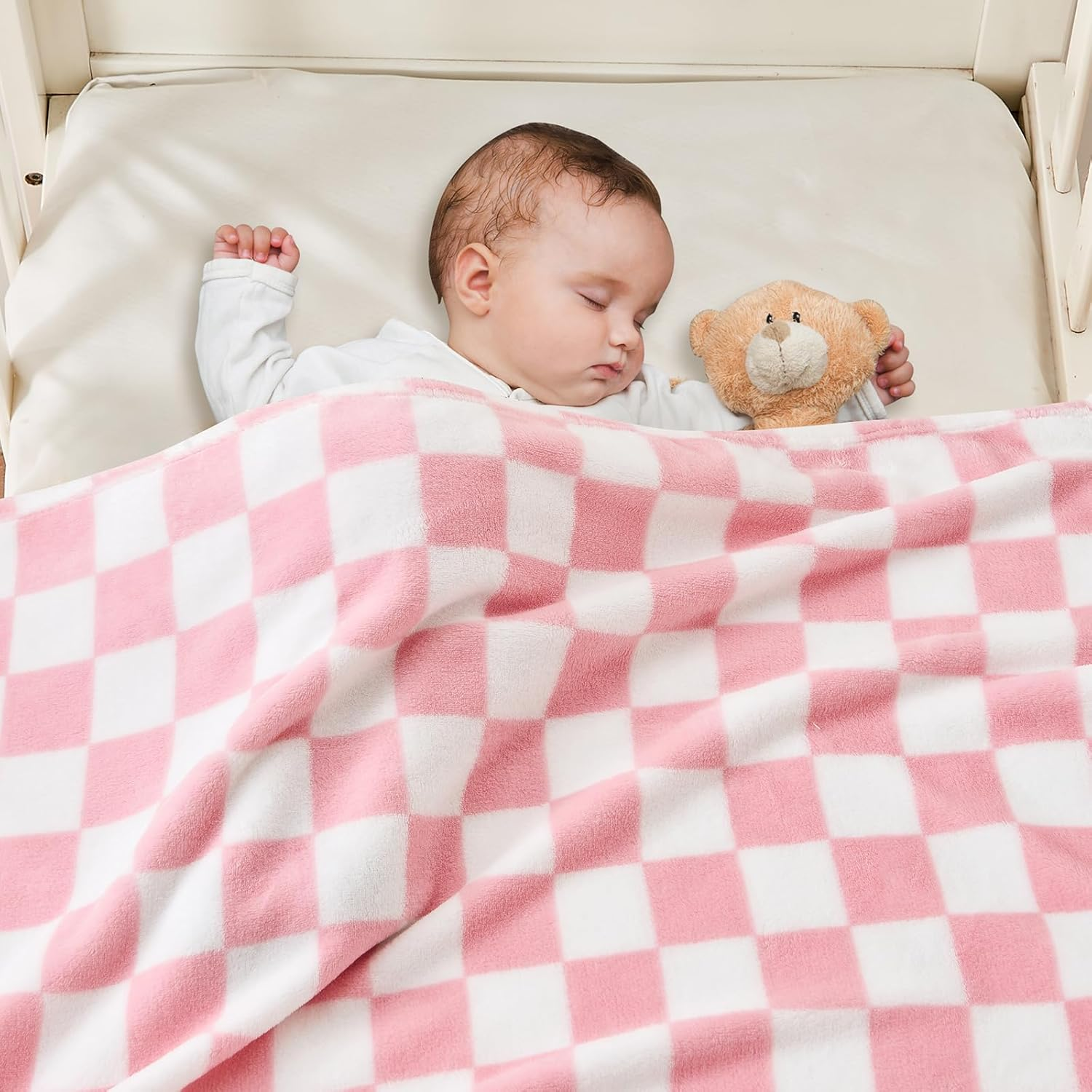 Yurhap Checkered Baby Blanket for Girls Pink Fleece Baby Blankets for Girls Boys, Warmer Comfort Lightweight Bed Blanket for Toddlers Infants or Newborn, 30''X40'', Pink image number 5
