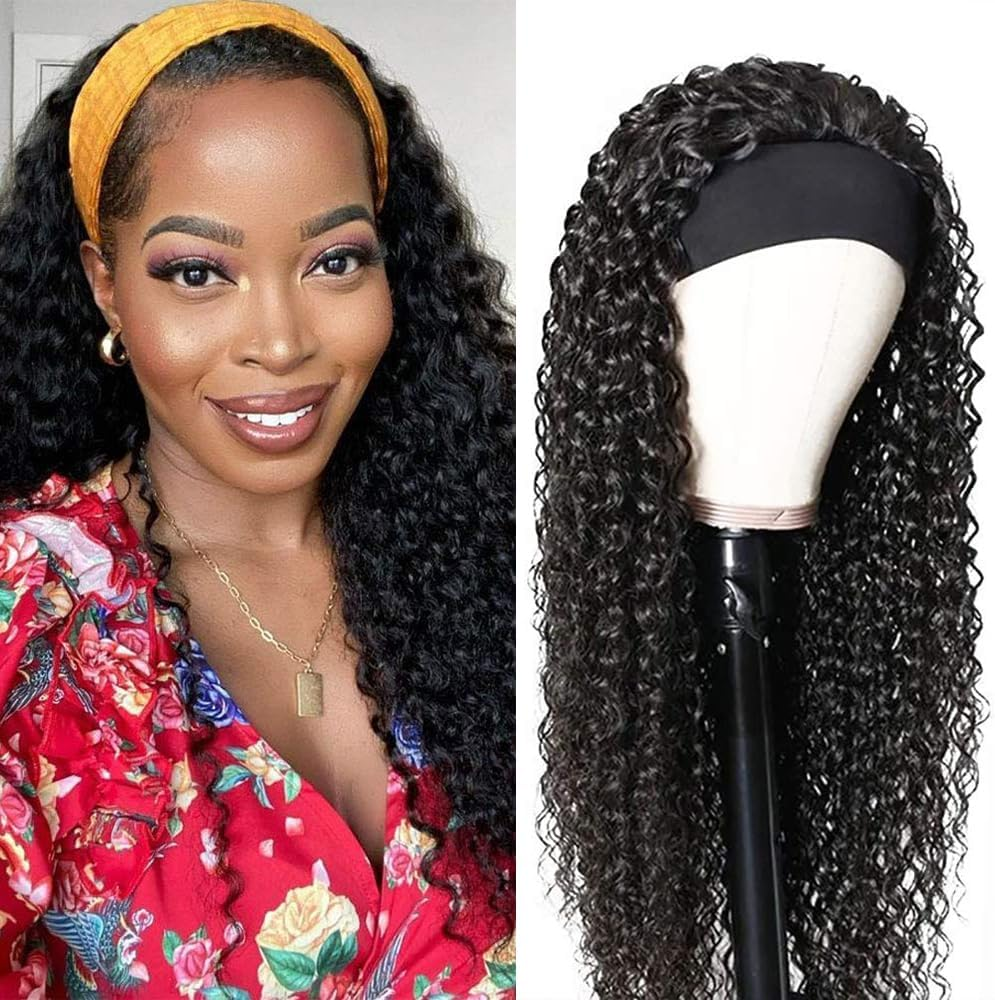 Wig with Headband Human Hair Curly Glueless Brazilian Wig Curly No Lace Headband Wig Deep Wave Wigs for Women Black Natural Color 26 Inch