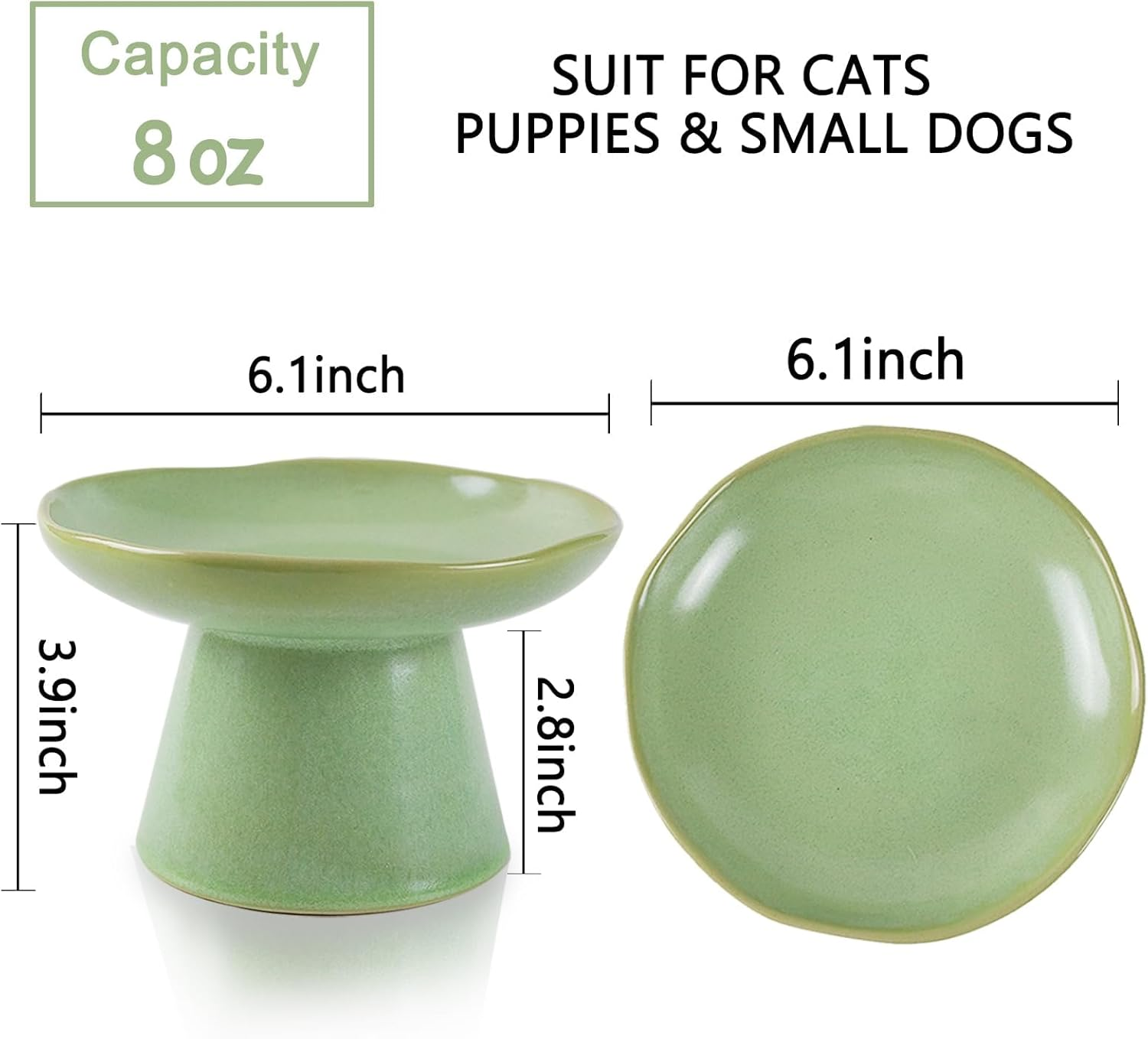 Wide Shallow 6.1" Raised Cat Bowls, Ceramic Elevated Food Bowl for Flat Faced Cats and Small Dogs, Porcelain Feeder Bowl, Stress Free, Protect Cat&rsquo;S Spine, Green image number 3