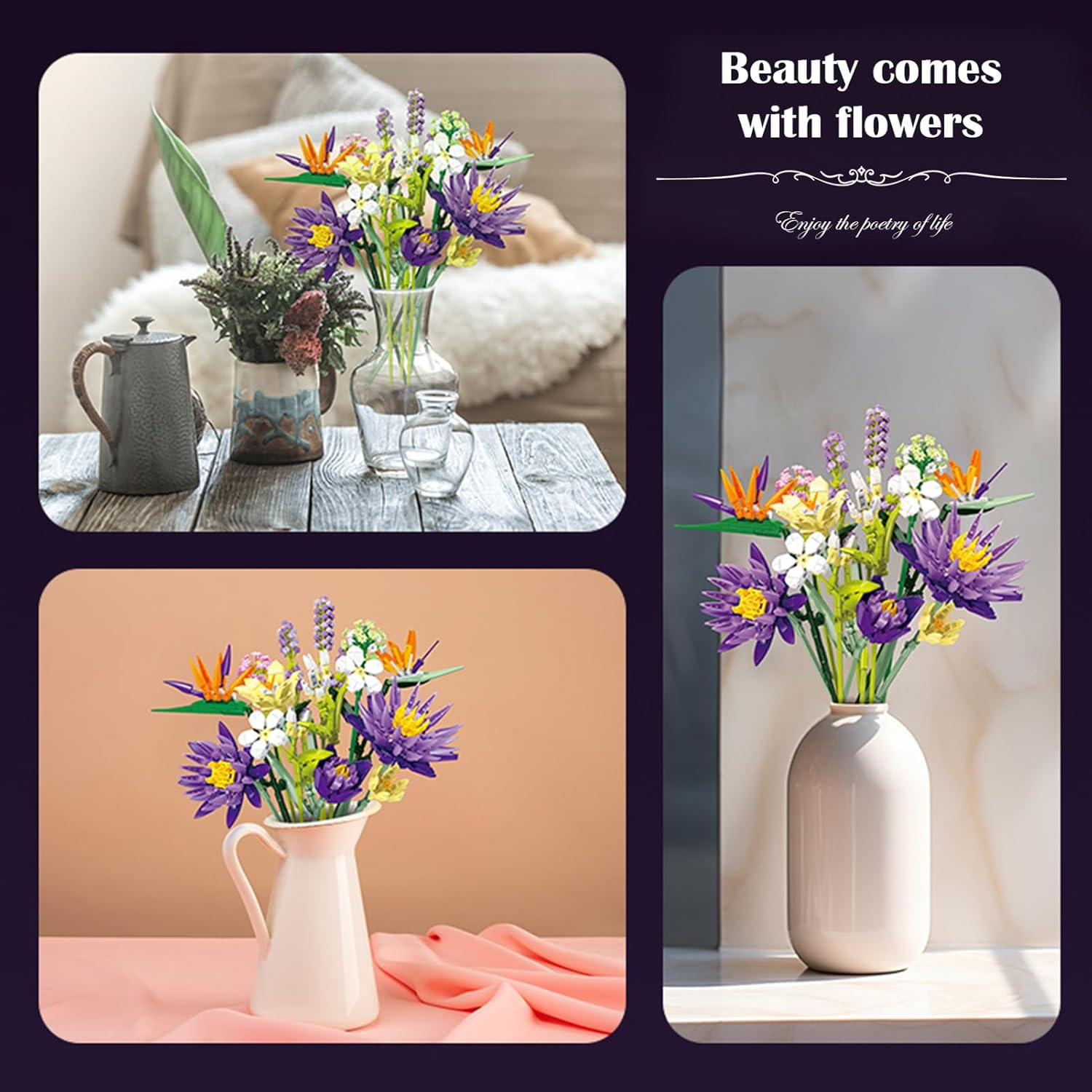 891 Pcs Purple Flower Bouquet Building Sets for Adult,13 Flowers, Unique Home Decor Gifts for Mother&rsquo;S Day, Botanical Collection with Fancy Box, Building Blocks Toy for Girls Ages 8+