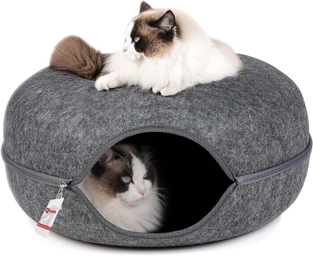 Cat Tunnel Bed for Indoor Cats - House Donut for Pet Cave, Detachable round Felt & Washable Interior Play Tunnel (60X60X27Cm, Light Grey)