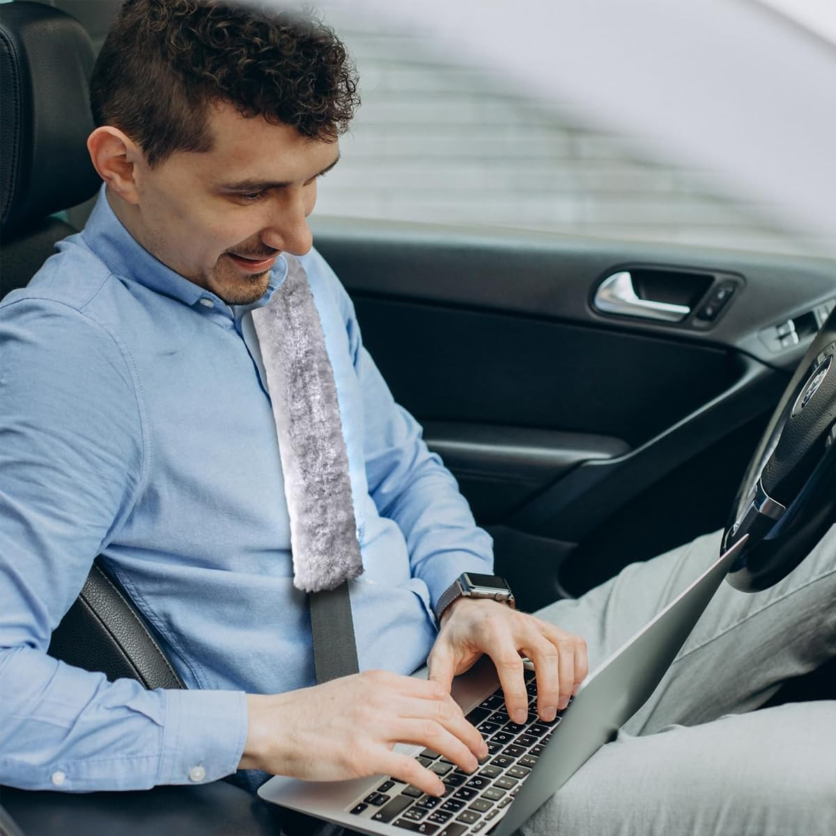 AIMALL 2 PCS Soft Faux Polyester Car Seat Belt Shoulder Pads, Winter Harness Protector Cover, 9.45 X 2.76 Inches, Available in Pink, Black, White, Milk Tea, Grey - Grey image number 5