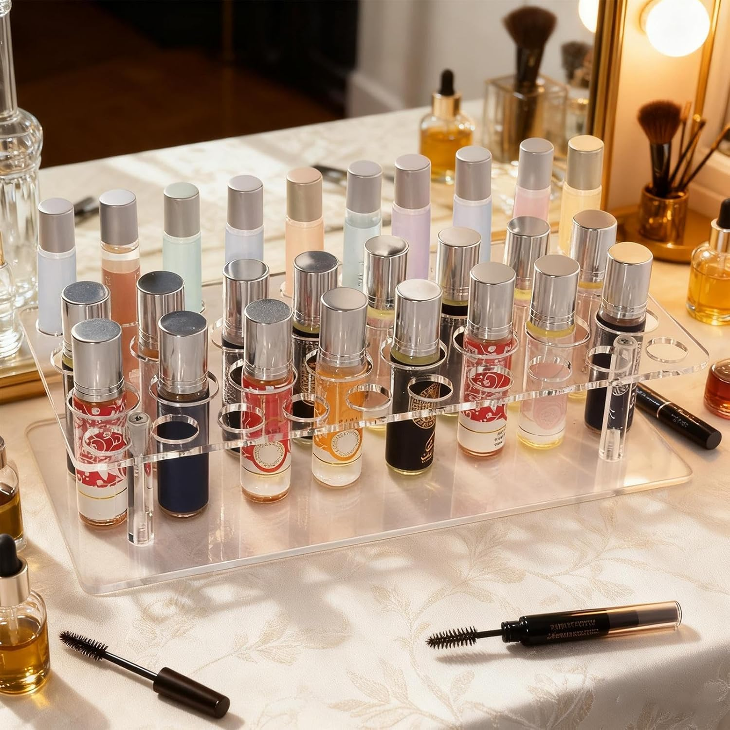 Rollerballs Perfume Organizer, 36 Spaces Acrylic Perfume Storage Holder, Large Capacity Beauty Scent Holder, Multipurpose Makeup Lipstick Display Rack for Home Bedroom Desktop