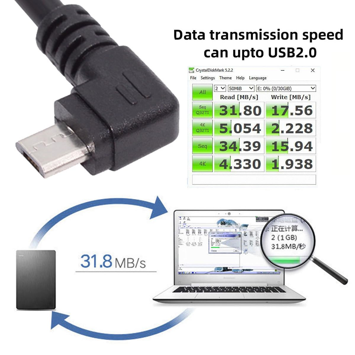 JSER Left Angled 90 Degree Micro USB 2.0 Type 5Pin to USB 2.0 Type-A Data Charge Cable 480Mbps Data for Phone Tablet Computer Camera (100Cm) image number 3
