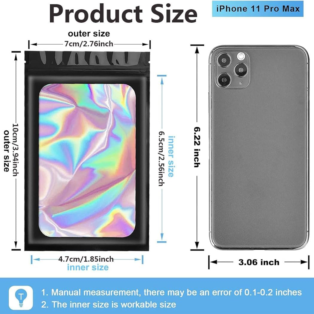 Idopick 100 Pcs 2.76X3.94'' (7X10 Cm) Clear Window Smell Proof Mylar Bags Resealable Zip Lock Holographic Packaging Pouch Candy Bags for Food Storage Sample Beans Cookies Jewelry Supplies(2.8X4 Inch)