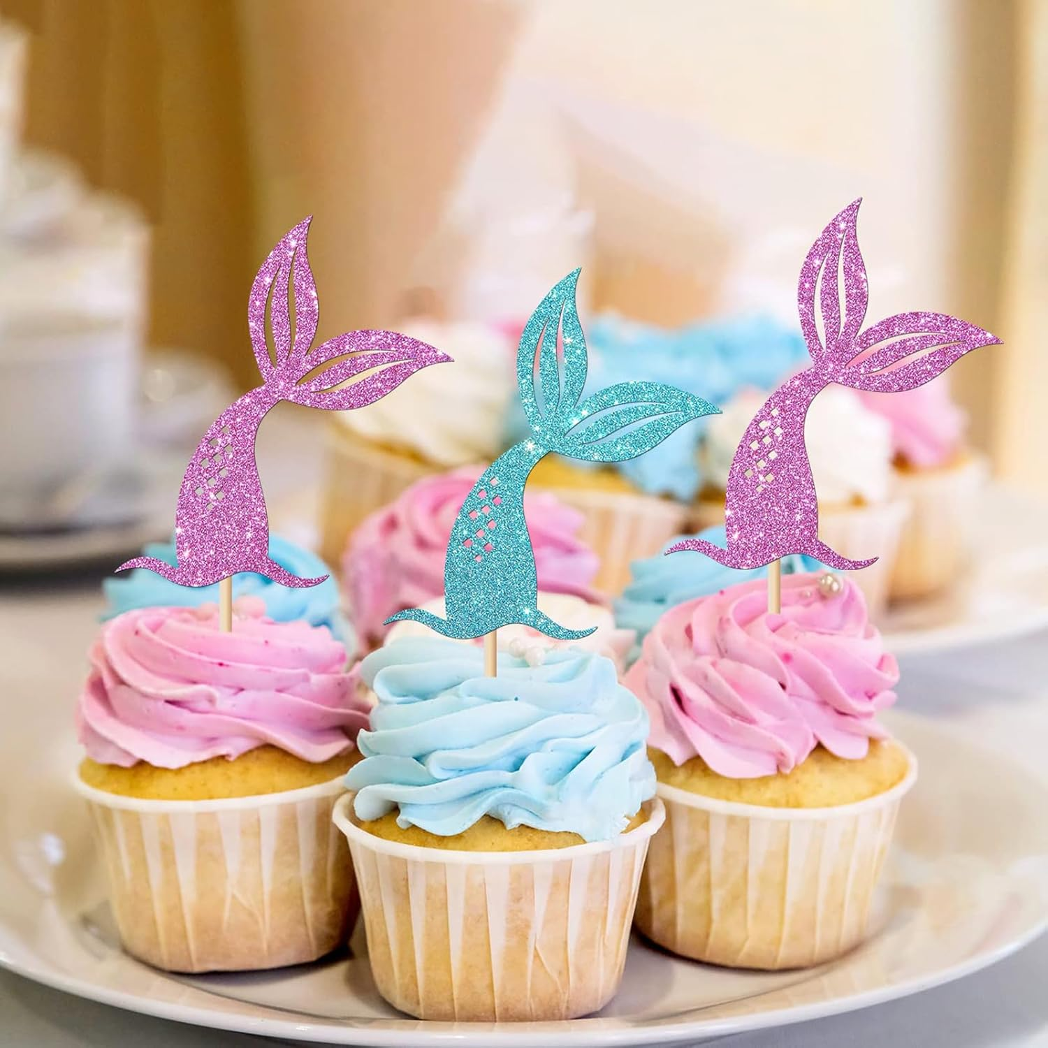24Pcs Mermaid Tails Cupcake Toppers Glitter Pink & Blue Mermaid Tails Cupcake Picks Baby Shower Kids Birthday Mermaid Themed Party Cake Decorations Supplies image number 5