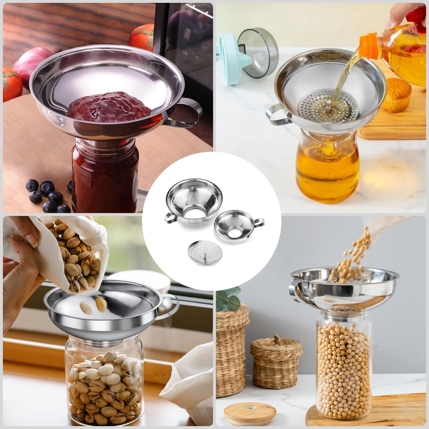 3PC Stainless Steel Canning Funnels with Strainer - Wide & Regular Mouth Mason Jar Funnels - Durable Kitchen Canning Supplies image number 1