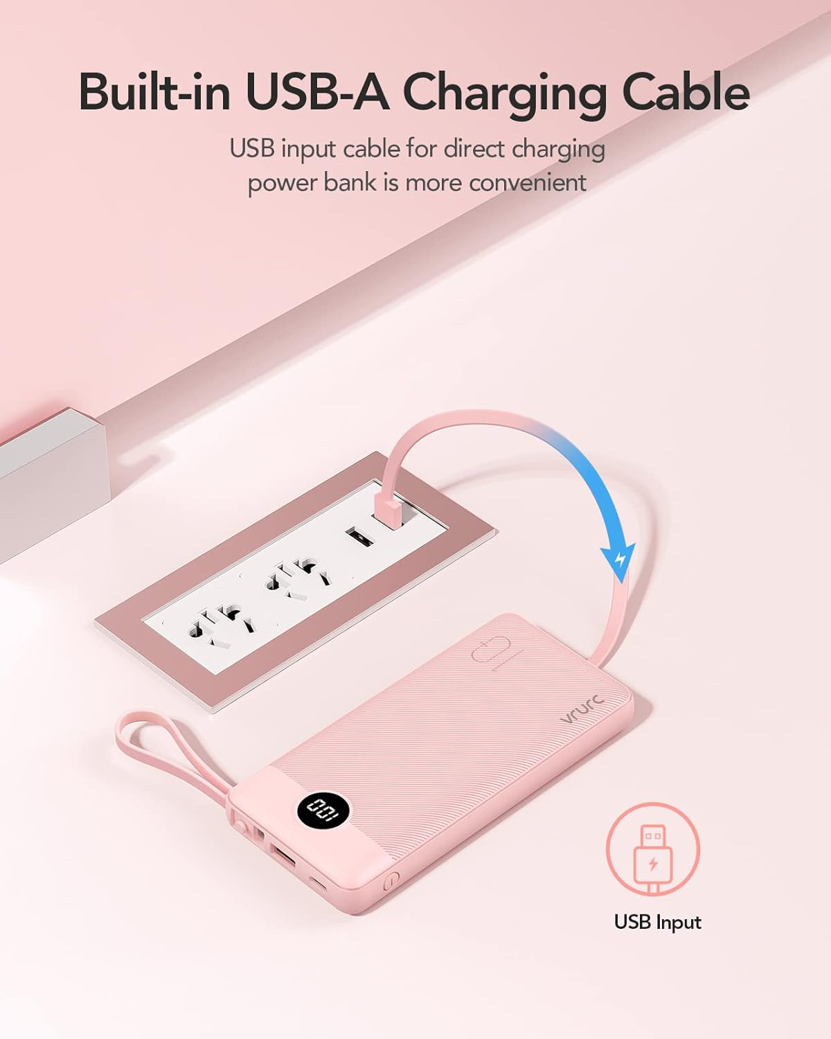 Portable Charger 10000Mah,Vrurc Power Bank with Built-In Cables, 5 Output 2 Input Cell Phone Battery Pack, Slim LED Display, USB C Phone Charger Compatible with Iphone,Samsung,Android Etc-Pink - Green image number 5
