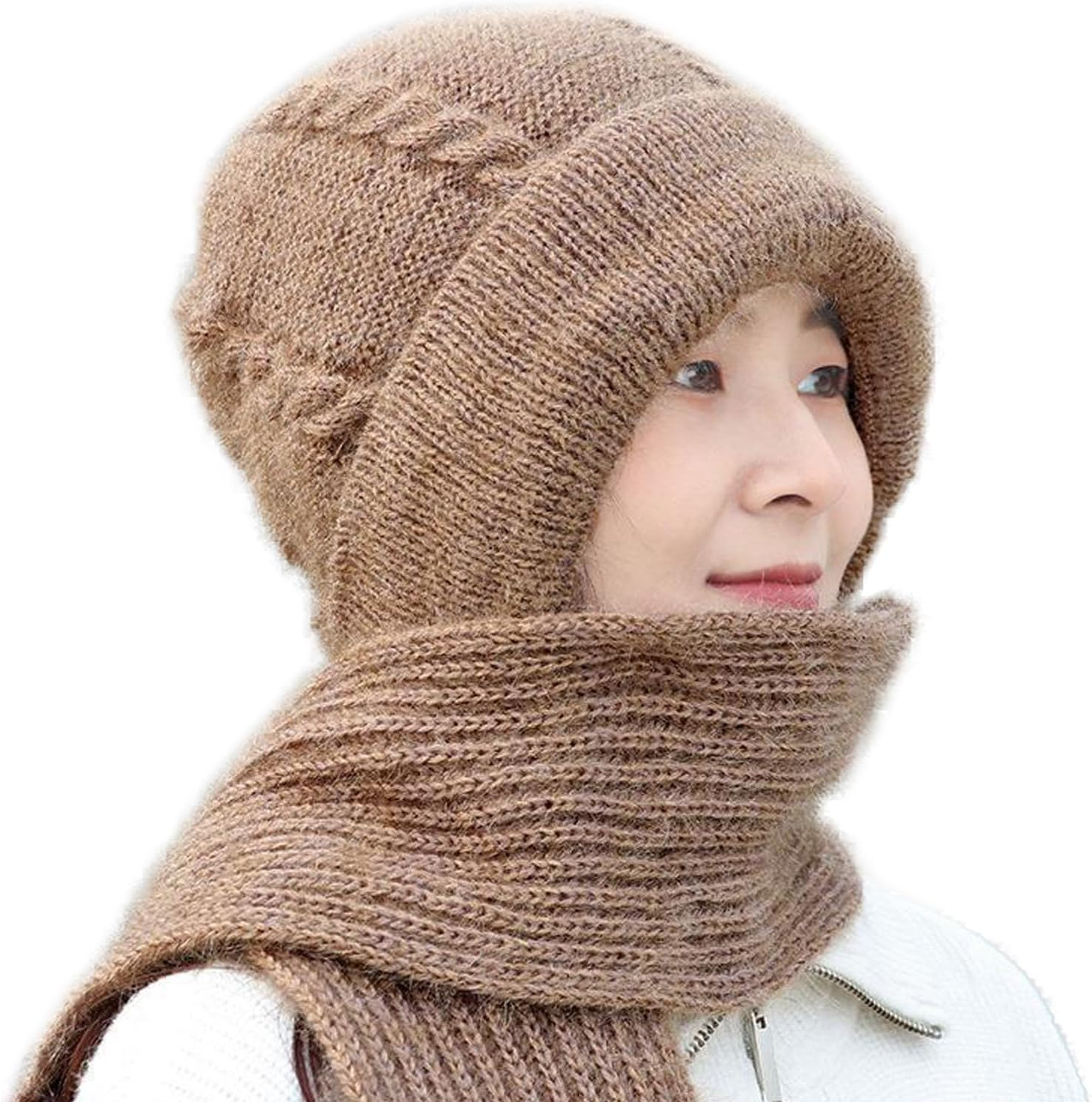 Lopsity Winter Warm Knitted Hat for Women Integrated Ear Protection Windproof Cap Scarf Knitting Thick Winter Knitted Hat for Women 2 in 1 Winter Warm Knitted Hat Scarf