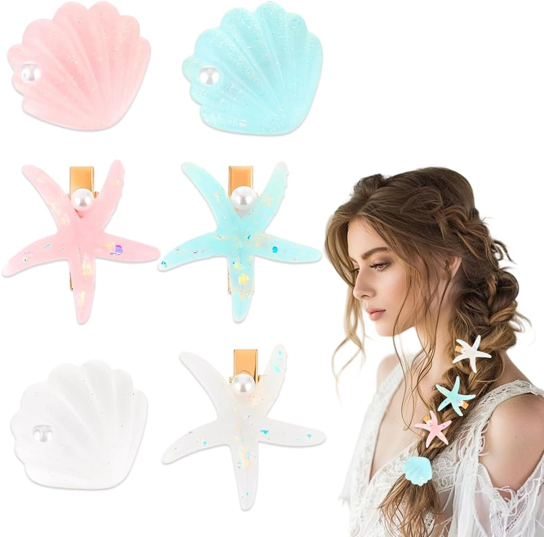 YUZNA Pack of 6 Starfish Hair Clips Shell Hair Pin Hair Clip Starfish Shell Pearl Starfish Hair Clips Shells Hair Accessories Hair Clip Starfish image number 4