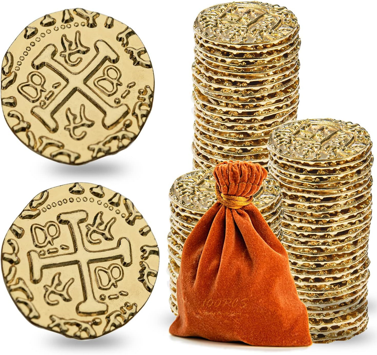 Metal Pirate Coins, Prefdo 100PCS X Large Gold Treasure Coin Set Spanish Doubloon Replicas Fantasy Metal Coins Pirate Gold Coins Tokens for Board Games Pirate Party Cosplay image number 2