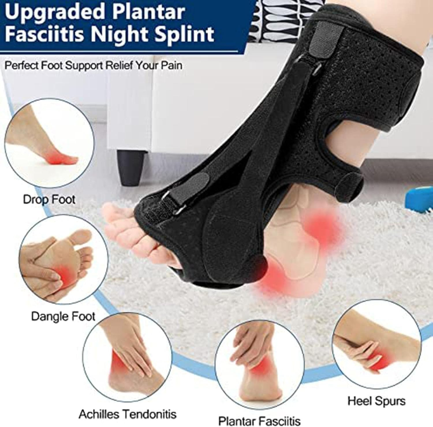 Plantar F?Sciitis Night Splints | Foot Drop Orthotic Brace Support Straps | Orthotics Ankle Brace for Heel | 3 Adjustable Straps Compression Foot Sleeves with Ankle Suppor for Women & Men - Black image number 4