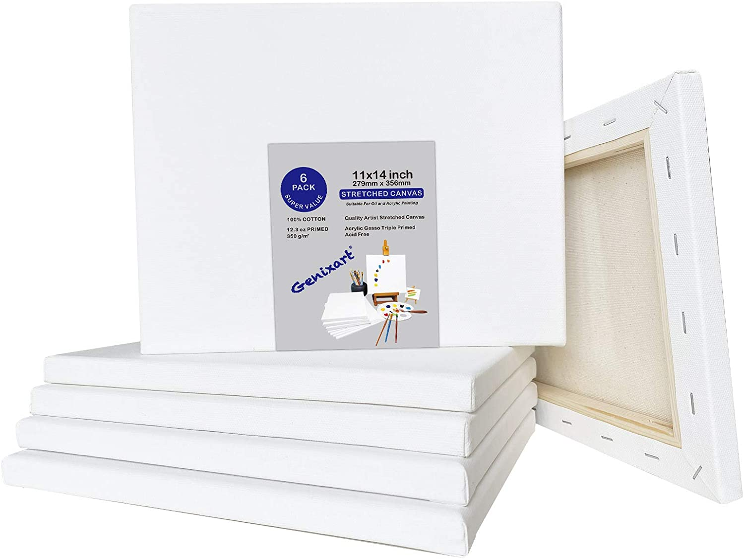 Genixart White Blank Stretched Canvas, Primed Professional Artist Canvases for Acrylics & Oils Painting (28X36Cm / 11" X 14" (6Pack))