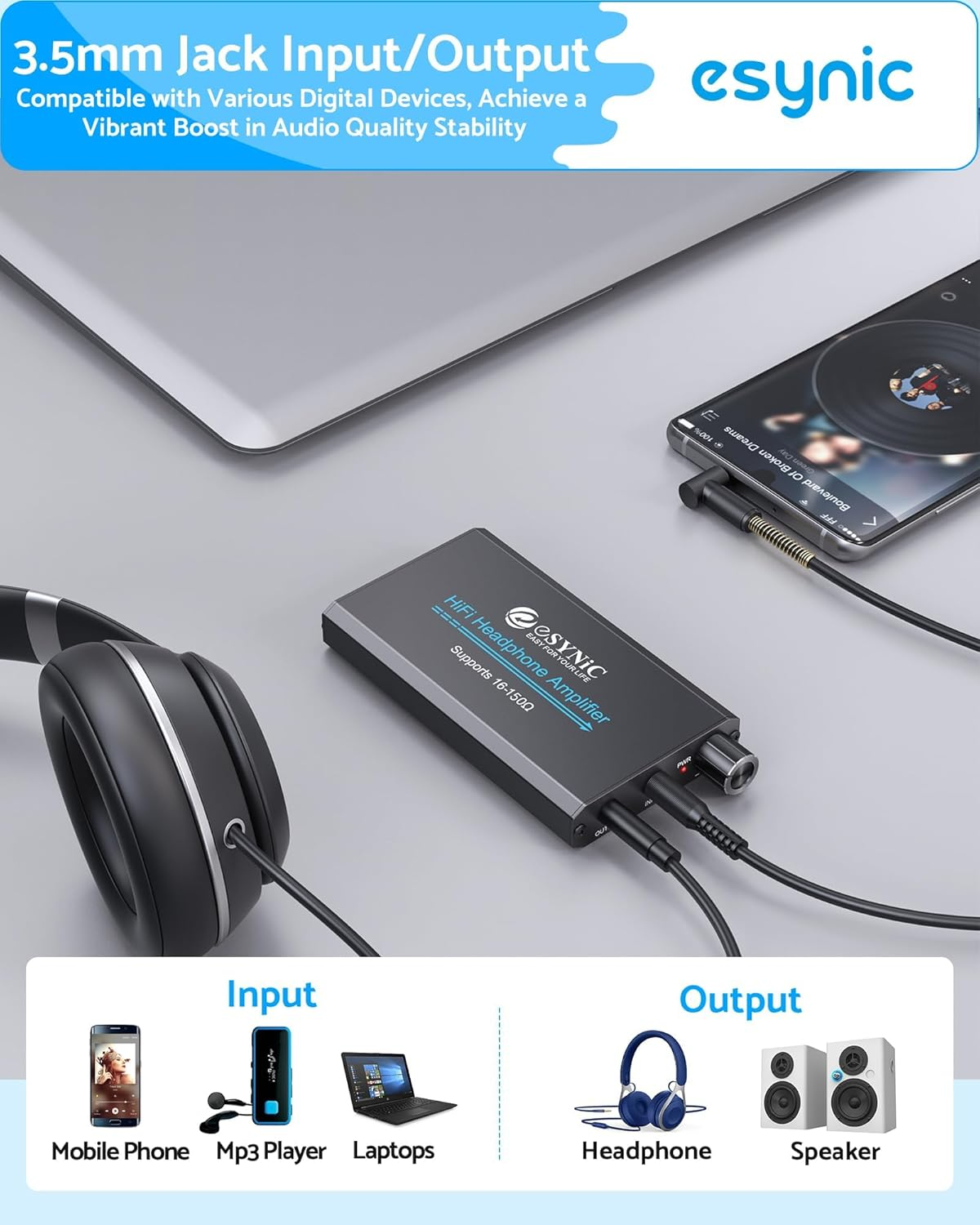 Esynic Portable Headphone Amplifier Rechargeble Audio Digital Hifi Earphone Amp 3.5Mm with Two-Stage Gain Switch, USB Cable and Aluminum Matte Surface for MP3 MP4 Phones Digital Players and Computers image number 3