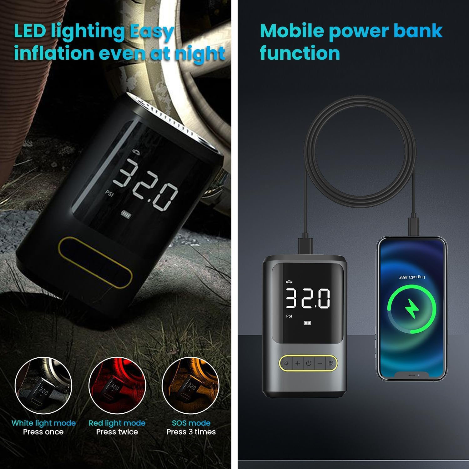 WEKUBA Portable Air Pump, 150PSI Electric Bike Pump, 4000Mah Battery Capacity, with Rechargeable Battery Function,Led Lighting, for Car, Bicycle, Motorcycle, and Ball, Preset 4 Inflating Modes image number 4