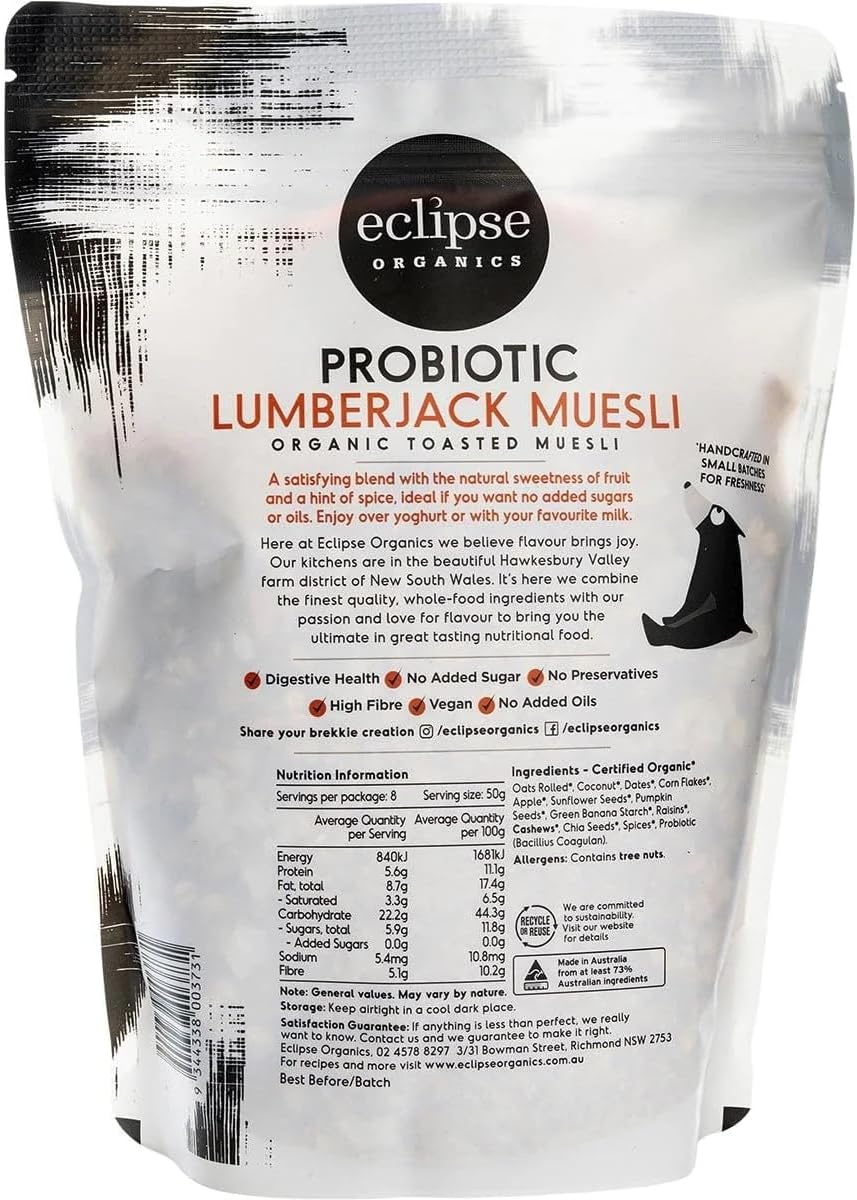 Eclipse Organics Muesli - Probiotic Lumberjack with Apple Date and Coconut 410G - Granola, Digestive Health, Plant Based