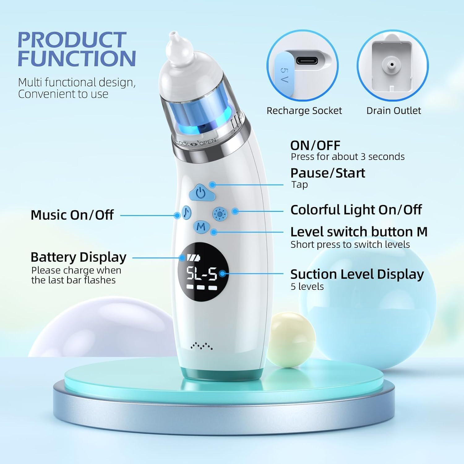 Nasal Aspirator for Baby, Electric Baby Nose Sucker with 5 Levels Suction, Automatic Nose Cleaner with 3 Silicone Tips, Nose Aspirator with Music Soothing Function & Light image number 5