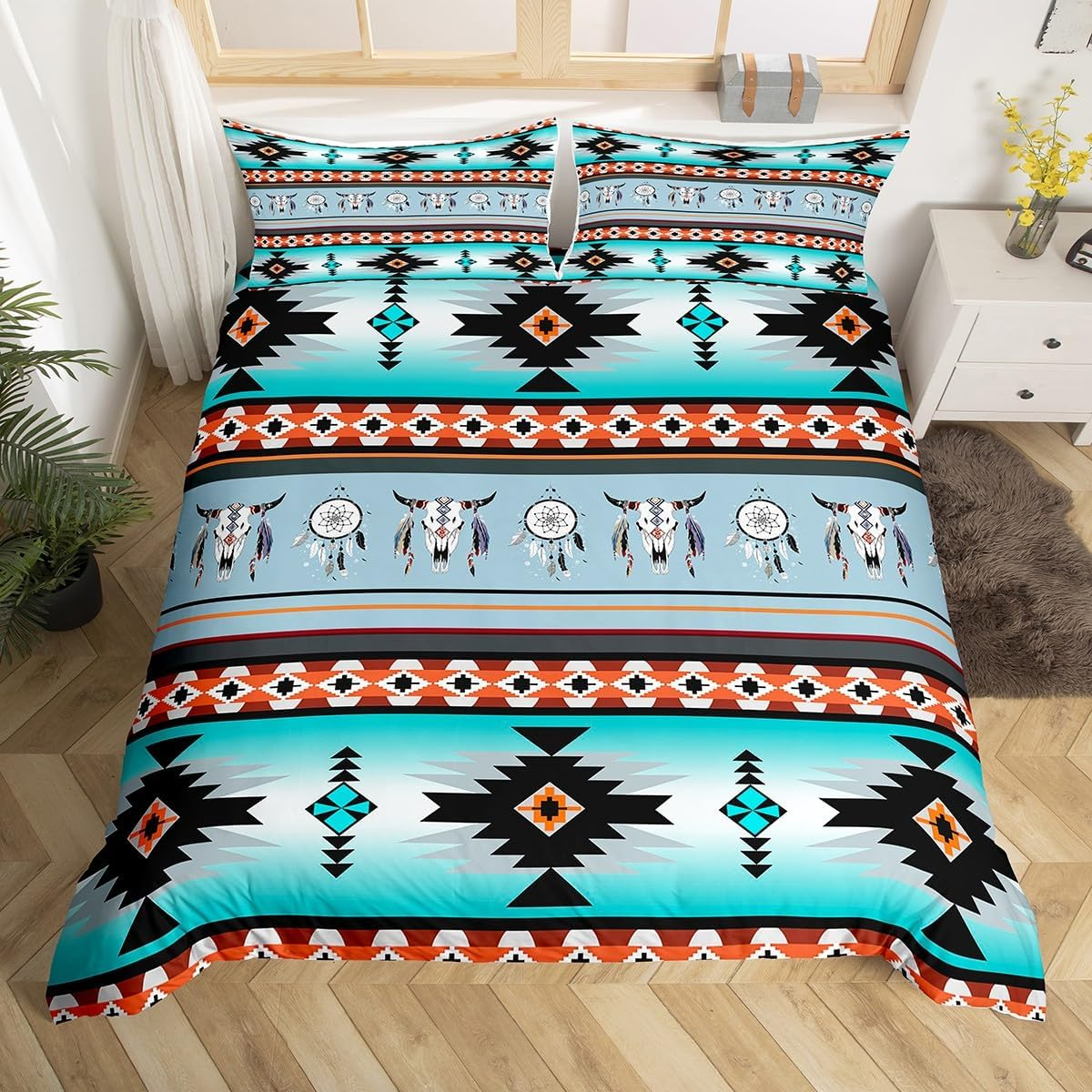 Erosebridal Western Boho Duvet Cover Full,Highland Cow Dream Catcher Comforter Cover Southwestern Bedding Set,Ethnic Tribal Arrow Aztec Bed Set Retro Vintage Exotic Bull Cattle Bohemian Decor