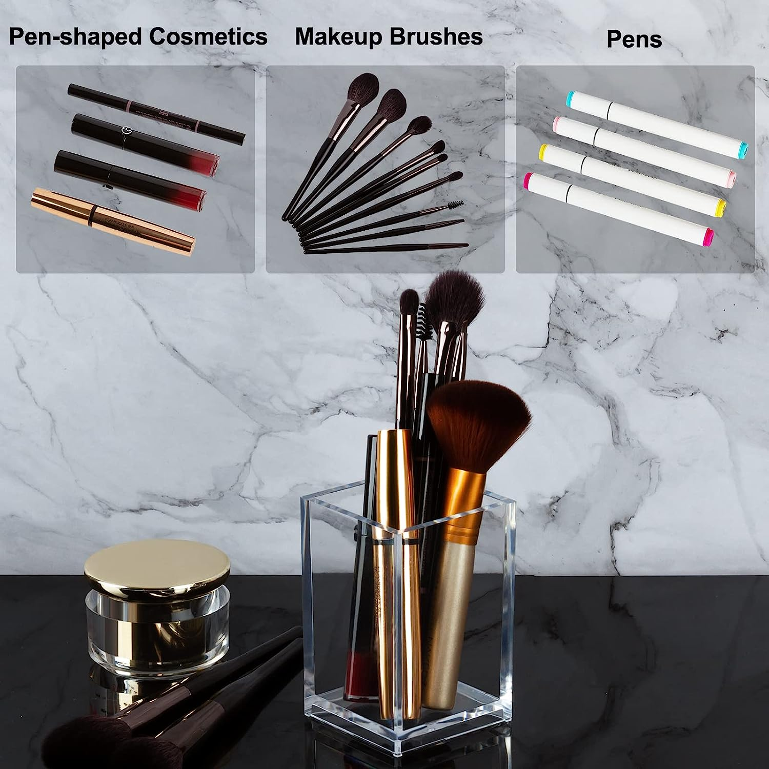 Boxalls Clear Makeup Brush Holders Organizers - 2 Pack, Acrylic Cosmetic Brush Eyeliner Storage for Dresser and Countertop, Desktop Pen Pencil Cup Pot for Office image number 1