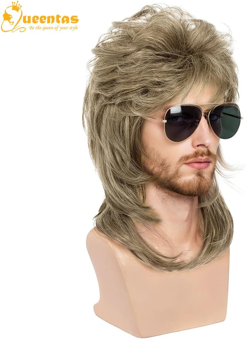QUEENTAS Dirty Blonde Mullet Wigs for Men 13 Inch Heat Resistant Synthetic Curly Hair for 80S Costumes Fancy Party Accessory Cosplay