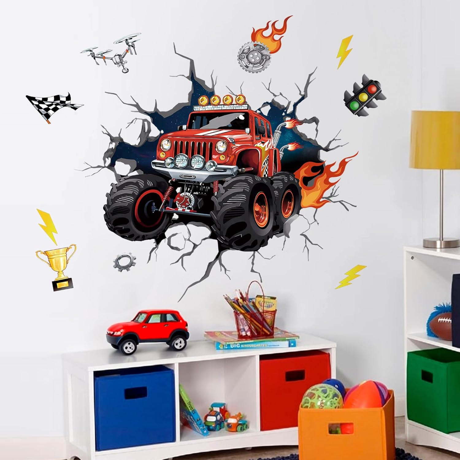 Wondever 3D Racing Car Wall Stickers Break through Running Car Truck Peel and Stick Wall Art Decals for Kids Bedroom Boys Room Playroom - B image number 1