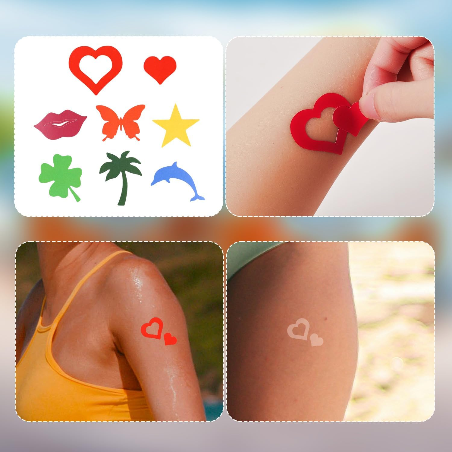 630 Pieces Solar Stickers, Cute Sunbath Sticker Self Adhesive Heart Star Lips Butterfly Coconut Dolphin Sunbed Sticker Removable Sunscreen Stickers for Summer Beach (7 Styles)