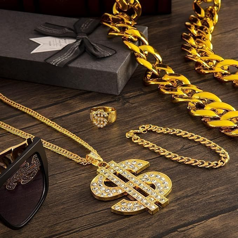 6Pcs Hip Hop Costume Kit, 80S 90S Rapper Costume, Fancy Dress Hippie Fake Chains and Hats for Halloween Party Cosplay Props Rapper Fancy Dress Carnival Accessories image number 4