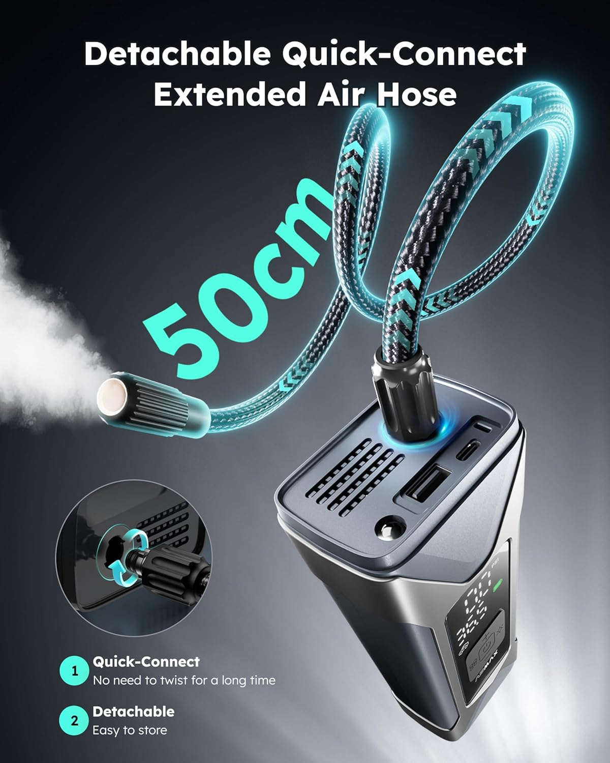 ASMAX Portable Tire Inflator Air Compressor - Fast 7500Mah Rechargeable, Digital Pressure Gauge, One-Click Smart Pump for Car, Motorcycle, Bike, Ball - Emergency LED Light & Power Bank image number 1