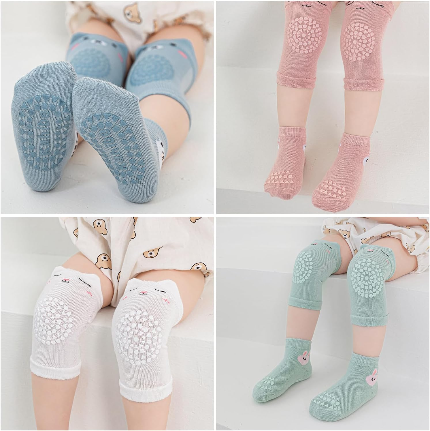 4 Pairs Baby Crawling Knee Pads and Socks Set, Toddler Baby Knee Protectors and Socks for Crawling, Infant Boys Girls with Grips