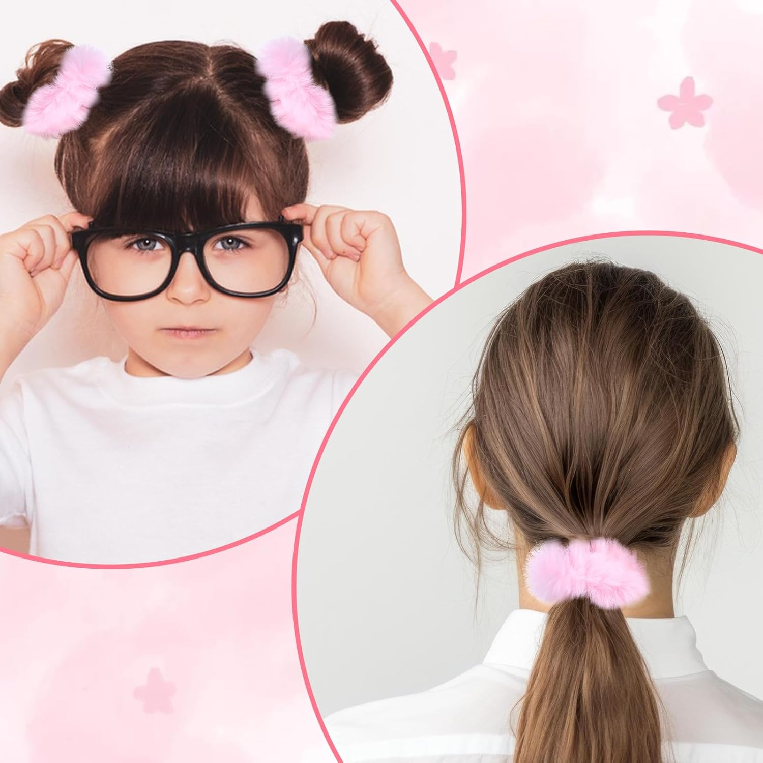 2 Pcs Pink Pom Pom Hair Tie, Fuzzy Furry Faux Rabbit Fur Scrunchies Ponytail Holders Baby Hair Ties Pom Hair Accessories for Girls Women (Pink) image number 2