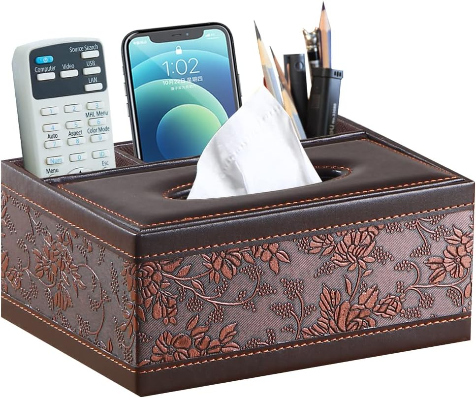 Leather Tissue Box Cover,Multifunctional Tissue Box Holder with Stationery Remote Control Box,Dryer Sheet Dispenser,For Home Restaurant,Bathroom Vanity Countertops,Bedroom Dresser,Night Stands,Office