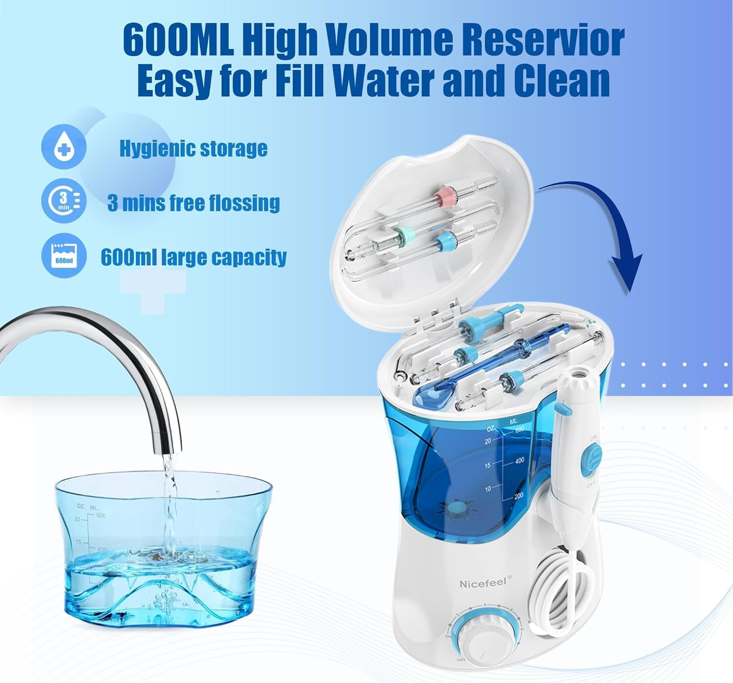 Nicefeel Water Dental Flosser for Teeth/Braces,10 Pressure Levels, 7 Water Jet Tips for Family, 600ML Electric Water Dental Oral Irrigator for Teeth-Clean image number 5