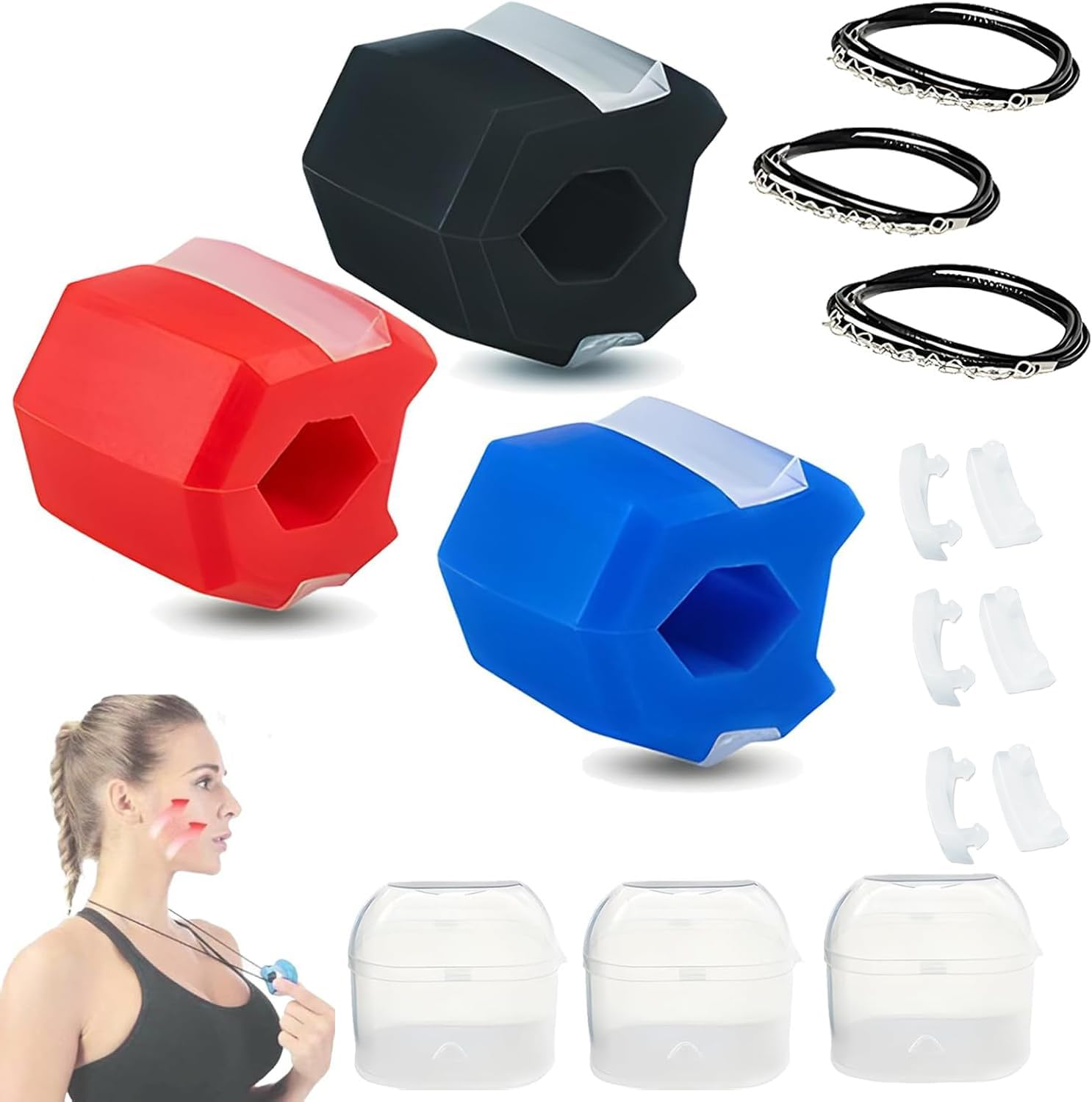 Jaw Trainer 3-Pack with 3 Strength Levels-Includes Portable Necklace & Storage Containers,Face and Neck Exerciser to Define Jawline,Slim Face,Look Younger,Food-Grade Silicone Jawline Kit for Men&Women image number 5