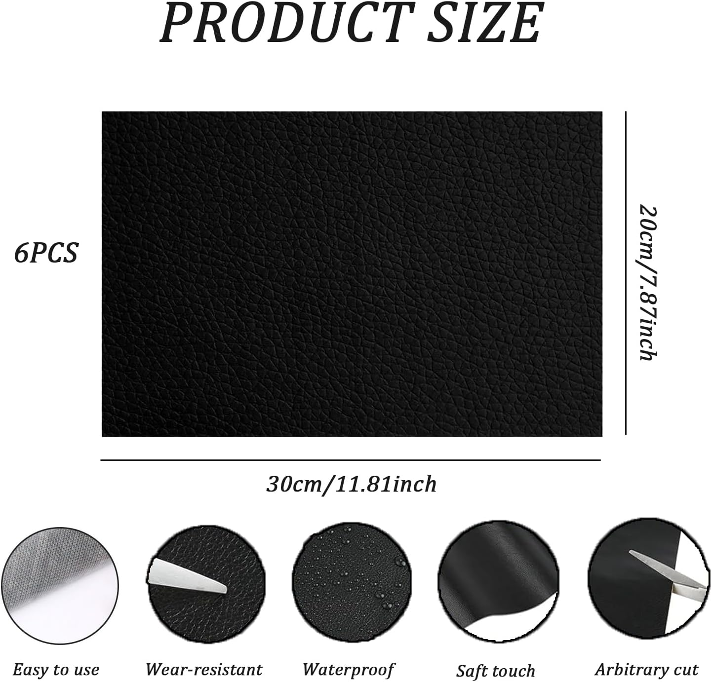 6 Pcs Black Leather Repair Patch, Self-Adhesive PU Leather Repair Patch for Couch, Sofa, Chair, Car Seats, Jackets, Handbags (30 X 20Cm)