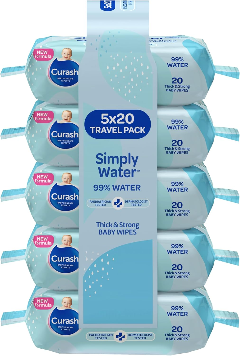 Curash Simply Water Baby Wipes, 5X20 Pk, Thick & Soft Texture, 99% Purified Water with No Soap, Alcohol or Parabens, Suitable for Newborns, Everyday Cleansing & Nappy Changes, Travel Size, 100 Wipes image number 4