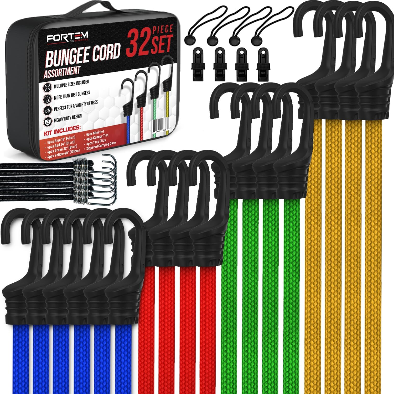 FORTEM Bungee Cord Assortment, 32Pk Bungee Cords Multi Pack, Includes 10", 18", 24", 32", 40" Bungees and 8" Canopy/Tarp Ball Ties, Plastic Coated Metal Hooks image number 5