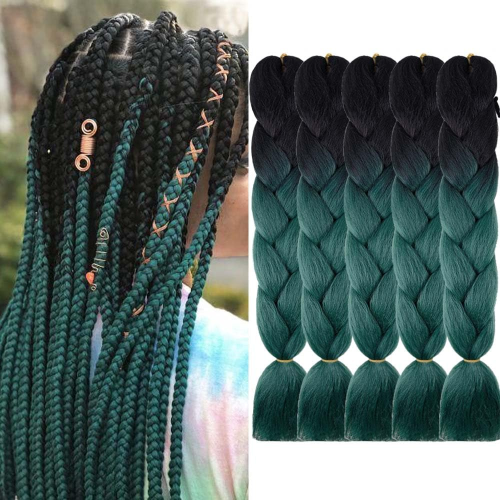 AIDUSA Ombre Braiding Hair Black to Dark Green 5Pcs Synthetic Afro Braiding Hair Extensions 24 Inch 2 Tones for Women Twist Crochet Braids 100G (#B18 Black to Blackish Green) image number 1